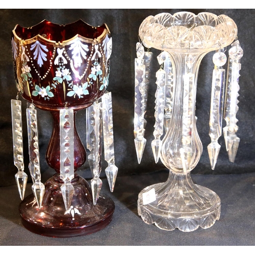 1364 - Two Victorian glass lustres, one hand painted ruby glass, the other clear, H: 30 cm. P&P Group 3 (£2... 