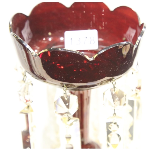 1378 - Two Victorian ruby glass lustres with cut clear glass drops, one pin hole in one lustre is enlarged.... 