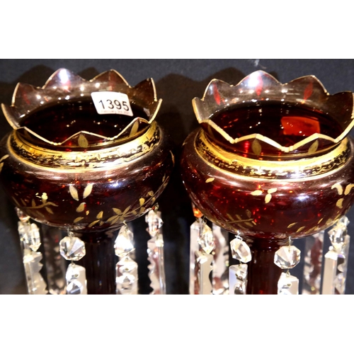 1395 - Pair of Victorian ruby glass lustres with cut clear glass drops, H: 34 cm, in good condition and com... 