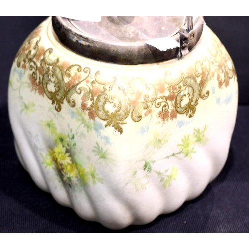 1357 - Doulton Burslem biscuit barrel with silver plated cover and swing handle, H: 18 cm. P&P Group 2 (£18... 