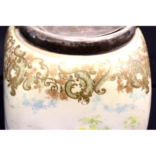 1357 - Doulton Burslem biscuit barrel with silver plated cover and swing handle, H: 18 cm. P&P Group 2 (£18... 