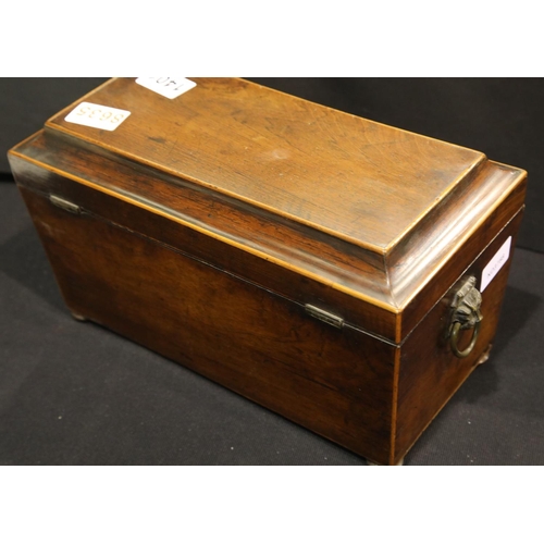 1401 - Antique mahogany twin compartment tea caddy with original mixing bowl and lion mask handles. P&P Gro... 