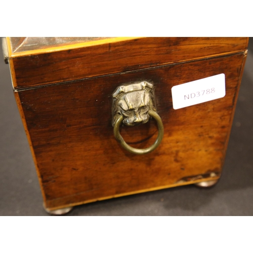 1401 - Antique mahogany twin compartment tea caddy with original mixing bowl and lion mask handles. P&P Gro... 