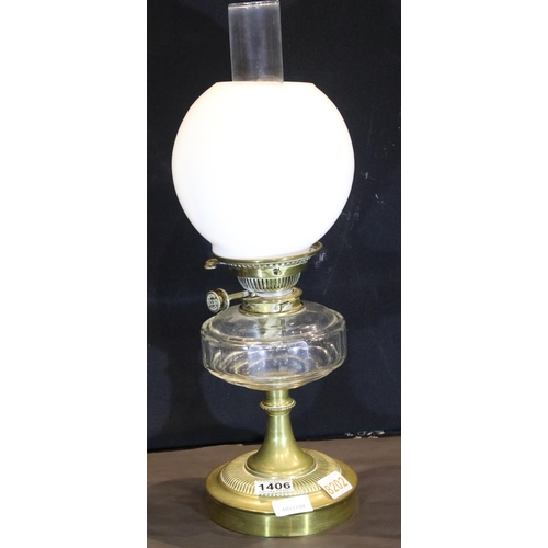 1406 - Victorian brass based oil lamp with glass reservoir and milk glass shade, H: 50 cm. Not available fo... 