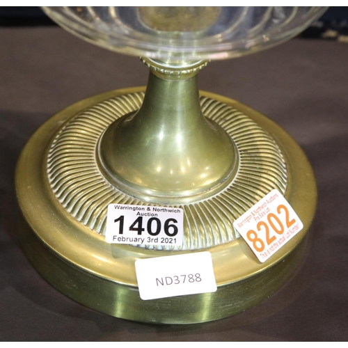 1406 - Victorian brass based oil lamp with glass reservoir and milk glass shade, H: 50 cm. Not available fo... 