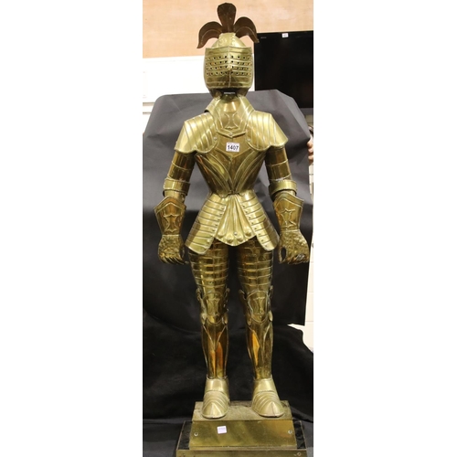 1407 - Brass and brassed metal knight, H: 132 cm. Not available for in-house P&P, contact Paul O'Hea at Mai... 