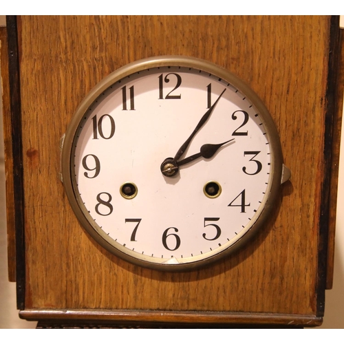 1461 - Oak cased Art Deco granddaughter clock, lacking pendulum and glass, H: 132 cm. Not available for in-... 