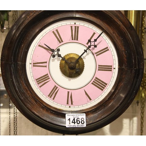 1468 - Mahogany cased chain driven wall clock, lacking weights and pendulum, not working at time of lotting... 