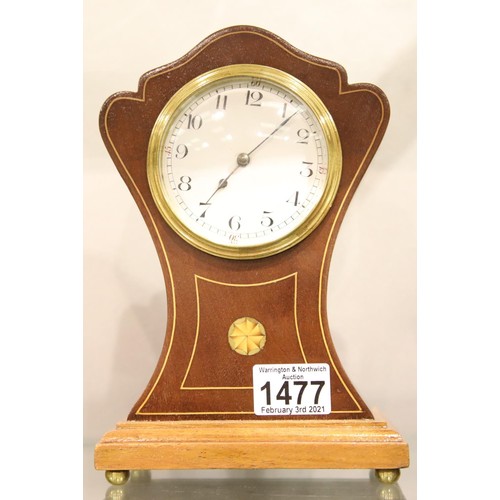 1477 - Edwardian inlaid mahogany mantel clock, the movement set into a shaped surround, H: 23 cm, working a... 