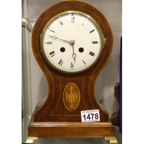 1478 - Edwardian inlaid mahogany chiming mantel clock, the movement set into a balloon form surround, H: 28... 