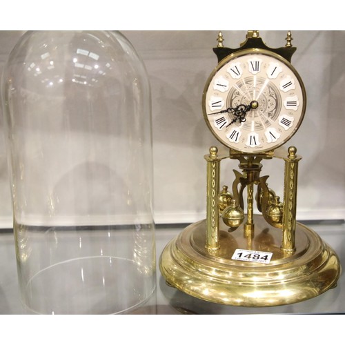 1484 - Glass domed brass anniversary clock by Kein, H: 28 cm, working at time of lotting. P&P Group 3 (£25+... 