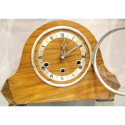 1485 - Walnut cased Westminster chiming mantel clock, H: 23 cm, working at time of lotting. Not available f... 