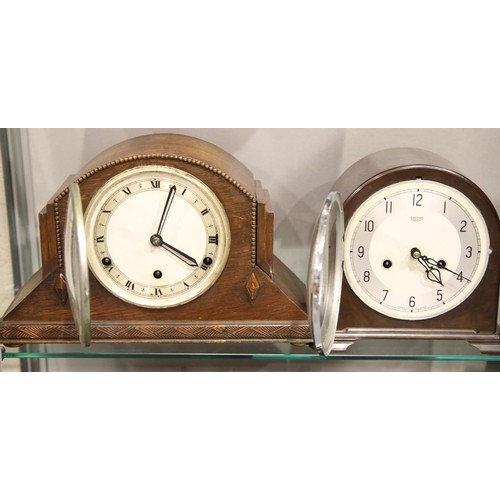 1487 - Walnut cased mantel clock, working at time of lotting, and an oak cased example with Westminster chi... 