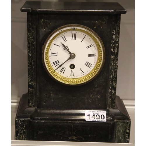 1490 - Victorian marble and slate cased chiming mantel clock, H: 23 cm, not working at time of lotting. Not... 