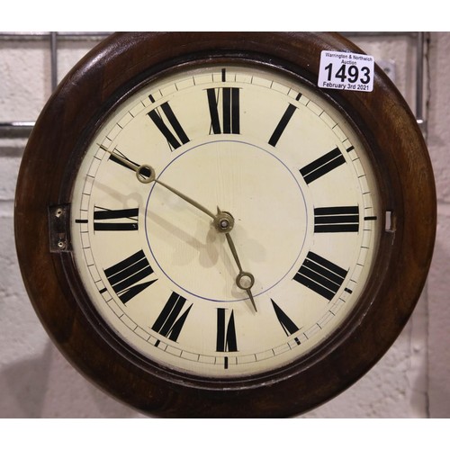 1493 - Mahogany cased chain driven wall clock with bell, lacking glass, weights and pendulum, not working a... 