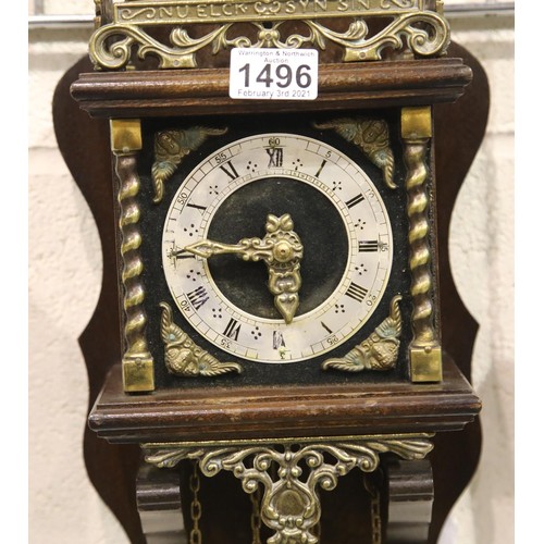 1496 - Dutch mahogany and brass cased Atlas chain driven wall clock with bell, weights and pendulum, not wo... 