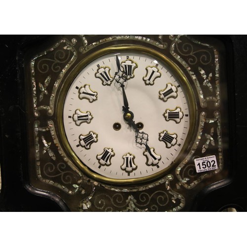 1502 - Large Continental 19th century ebonised and mother of pearl cased key wind chiming wall clock, havin... 