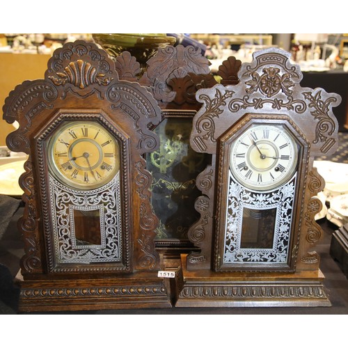 1515 - Three American oak cased mantel clocks including Ansonia, one lacking dial, each H: 58 cm. Not avail... 