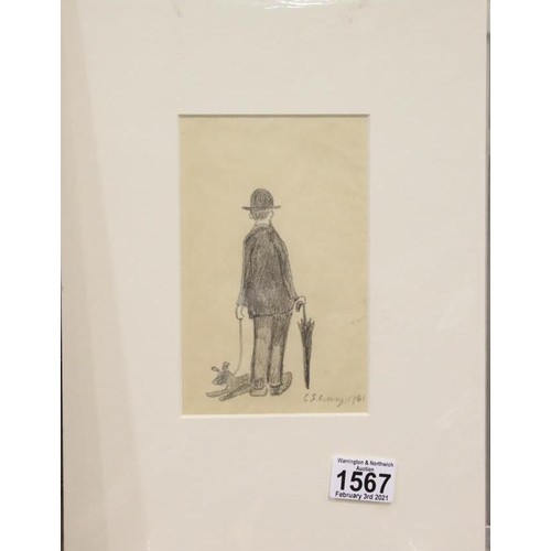 1567 - In the manner of Laurence Stephen Lowry, pencil study of a man with dog, signed LS Lowry, 18 x 11 cm... 