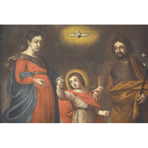 1571 - Unsigned 17th century? religious themed oil on canvas depicting Jesus, Mary, Joseph and God, 94 x 74... 