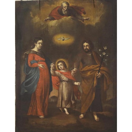 1571 - Unsigned 17th century? religious themed oil on canvas depicting Jesus, Mary, Joseph and God, 94 x 74... 