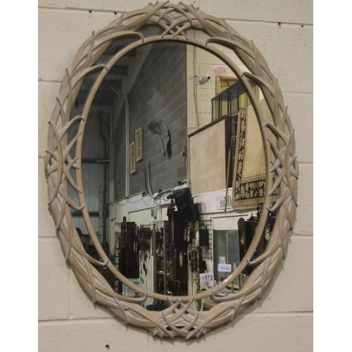 1572 - Large oval bleached wood framed mirror, H: 90 cm. Not available for in-house P&P, contact Paul O'Hea... 