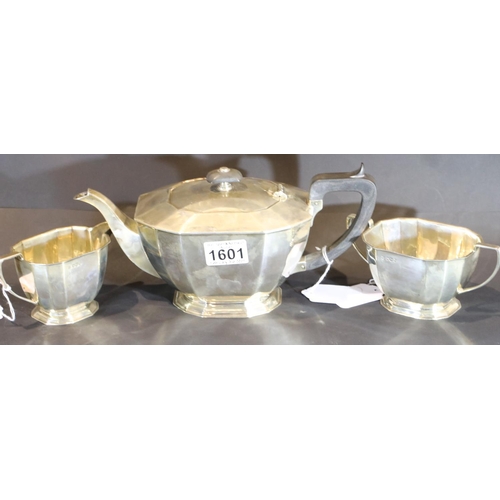 1601 - Hallmarked silver ICI 1963 presentation three piece tea service, maker GB & S, Sheffield assay, comb... 