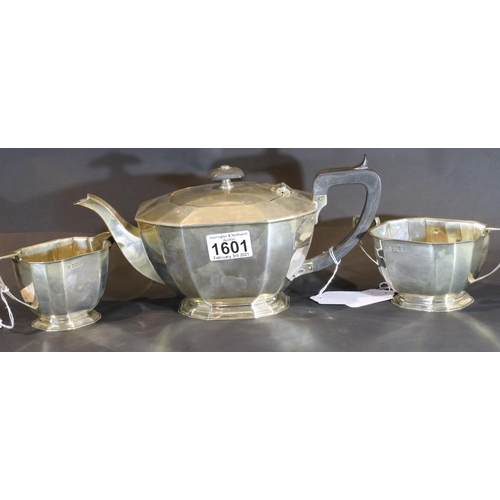 1601 - Hallmarked silver ICI 1963 presentation three piece tea service, maker GB & S, Sheffield assay, comb... 