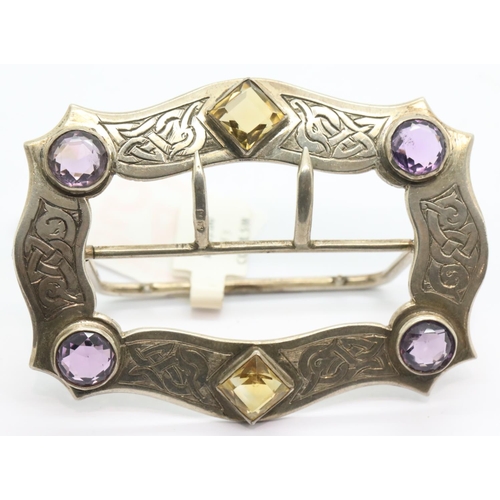 1606 - Victorian silver, amethyst and citrine buckle, Chester assay 1900, 8 x 6 cm, 43g. P&P Group 1 (£14+V... 