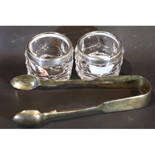 1627 - George V Victorian pair of hallmarked silver rimmed open glass salts and a pair of hallmarked sugar ... 