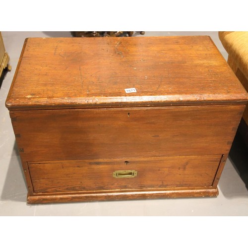 1671 - Stained pine chest with steel carry handles and drawer below, 88 x 51 x 58 cm. Not available for in-... 