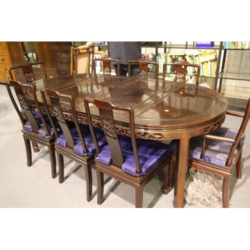 1674 - Large extending Chinese teak dining table with two leaves and a set of eight matching chairs with pi... 