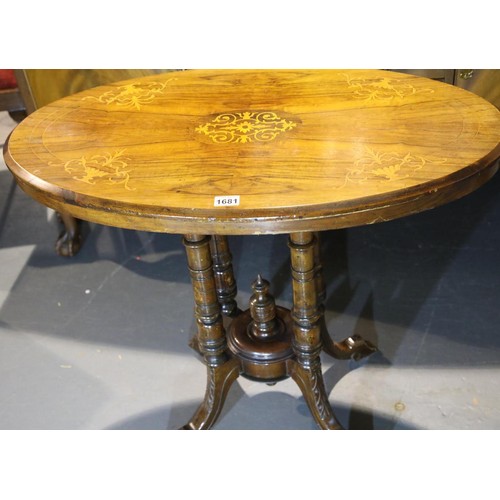 1681 - Inlaid walnut loo table on five turned supports to a quatrefoil footed base, 88 x 51 x 72 cm. Not av... 