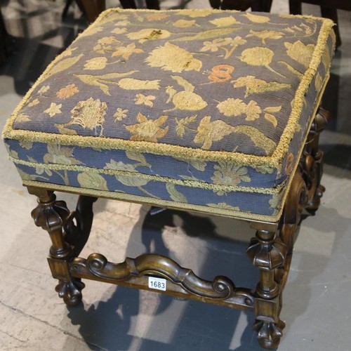 1683 - Early 19th century carved walnut Carolean style square stool, with upholstered cushioned top, 52 x 4... 