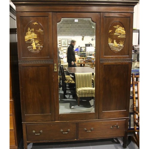 1689 - 1920s mahogany single door mirrored wardrobe, having two short drawers to the base and two oval chin... 