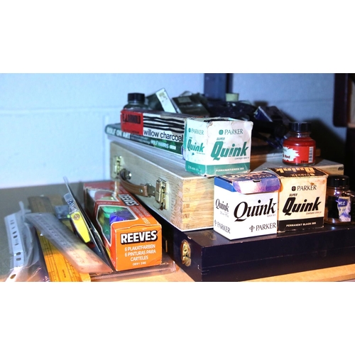 28 - Shelf of mixed writing and artist items including bottled ink. Not available for in-house P&P, conta... 