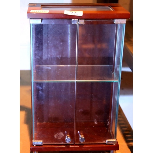 47 - Small glass framed two door display case, H: 30 cm. Not available for in-house P&P, contact Paul O'H... 