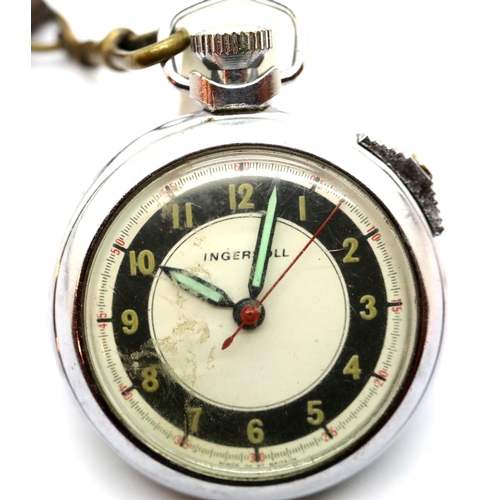 64 - Military type Ingersoll crown wind pocket watch with leather albert. P&P Group 1 (£14+VAT for the fi... 