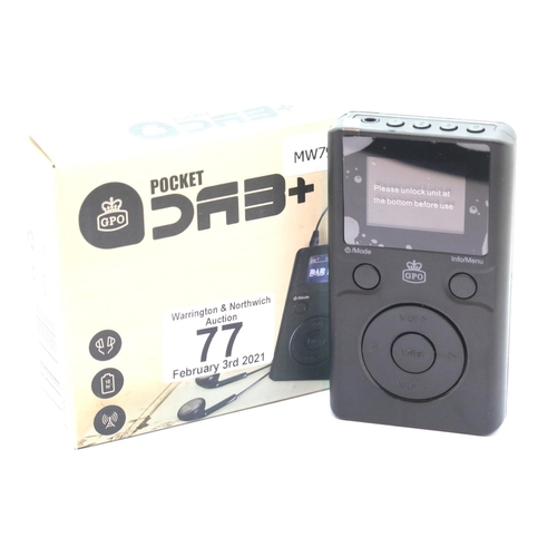 77 - Pocket DAB+ radio with earphones, inbuilt rechargeable battery, has an auto adjusting clock, boxed. ... 