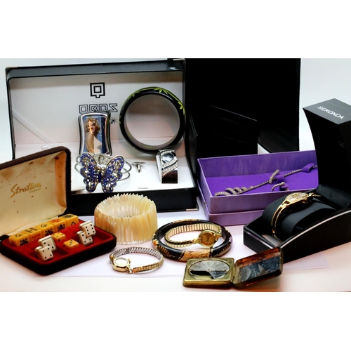 92 - Box of mixed costume jewellery and watches including Straton cufflinks and poker dice set in present... 