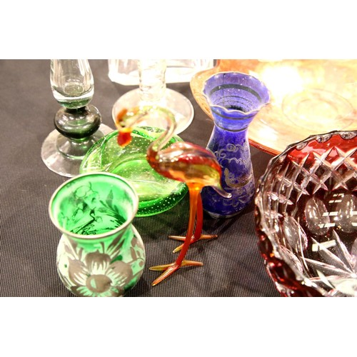 1373 - Collection of mixed coloured glassware and a Romeo and Juliet decanter. Not available for in-house P... 