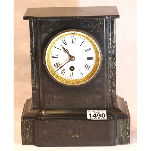 1490 - Victorian marble and slate cased chiming mantel clock, H: 23 cm, not working at time of lotting. Not... 