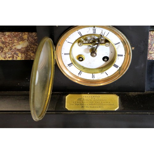 1489 - Victorian marble and slate cased chiming mantel clock with presentation plaque dated 1875, H: 25 cm,... 