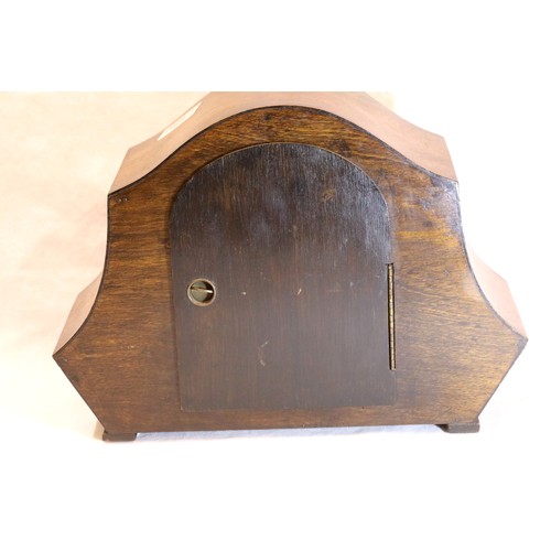 1486 - Oak cased Westminster chiming mantel clock, H: 26 cm, working at time of lotting. Not available for ... 