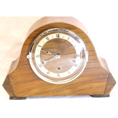 1485 - Walnut cased Westminster chiming mantel clock, H: 23 cm, working at time of lotting. Not available f... 