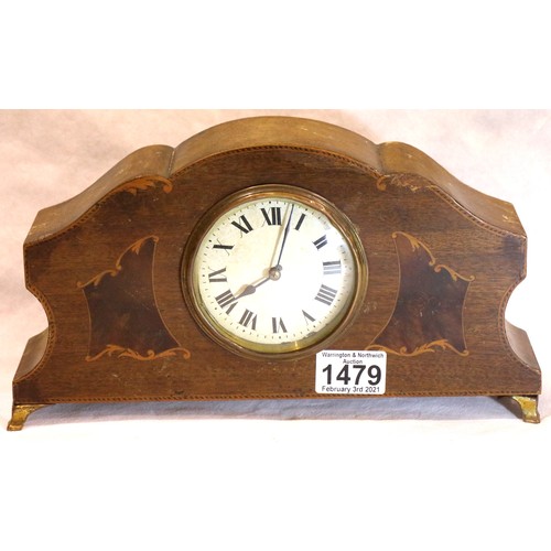 1479 - Edwardian inlaid mahogany mantel clock, the movement set into a shaped form surround, H: 16 cm, not ... 