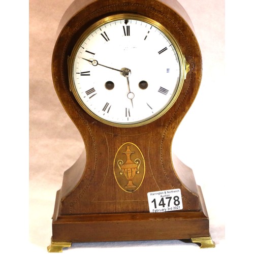 1478 - Edwardian inlaid mahogany chiming mantel clock, the movement set into a balloon form surround, H: 28... 