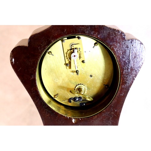 1477 - Edwardian inlaid mahogany mantel clock, the movement set into a shaped surround, H: 23 cm, working a... 