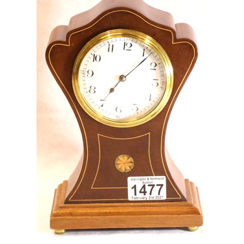 1477 - Edwardian inlaid mahogany mantel clock, the movement set into a shaped surround, H: 23 cm, working a... 