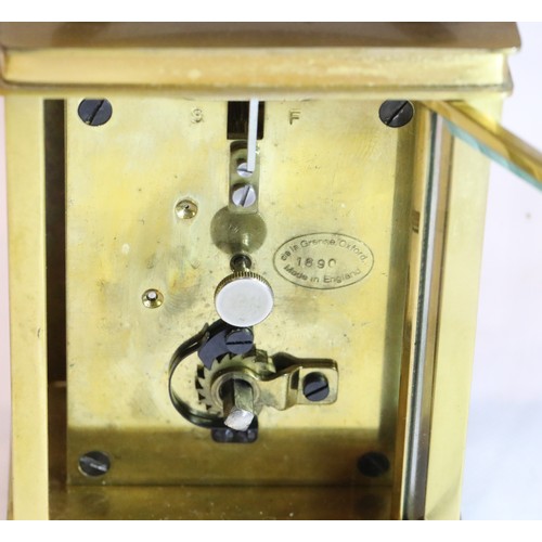 1475 - Brass carriage clock dial marked de la grense, lacking key, one glass panel is present but separate,... 